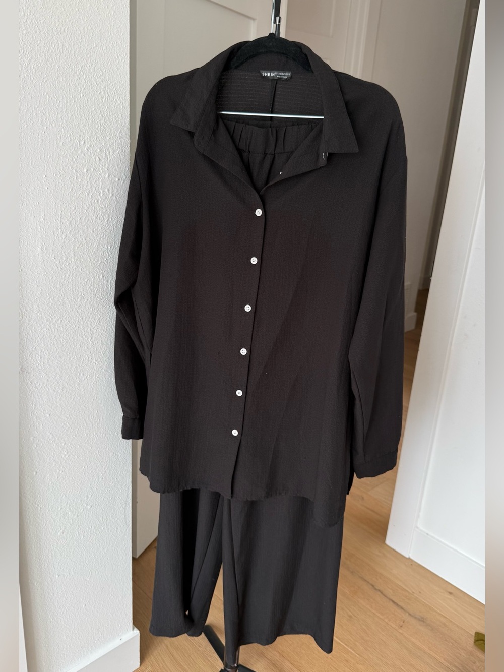 SHEIN Black Textured Button-Up Top and pants set of 2